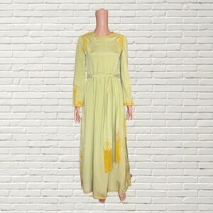Vintage 70s Oscar de La Renta Women's Medium Green Yellow Embroidered Gown Dress